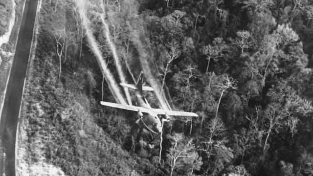 Un avión rocía agente naranja sobre un bosque en el norte de Vietnam en 1966